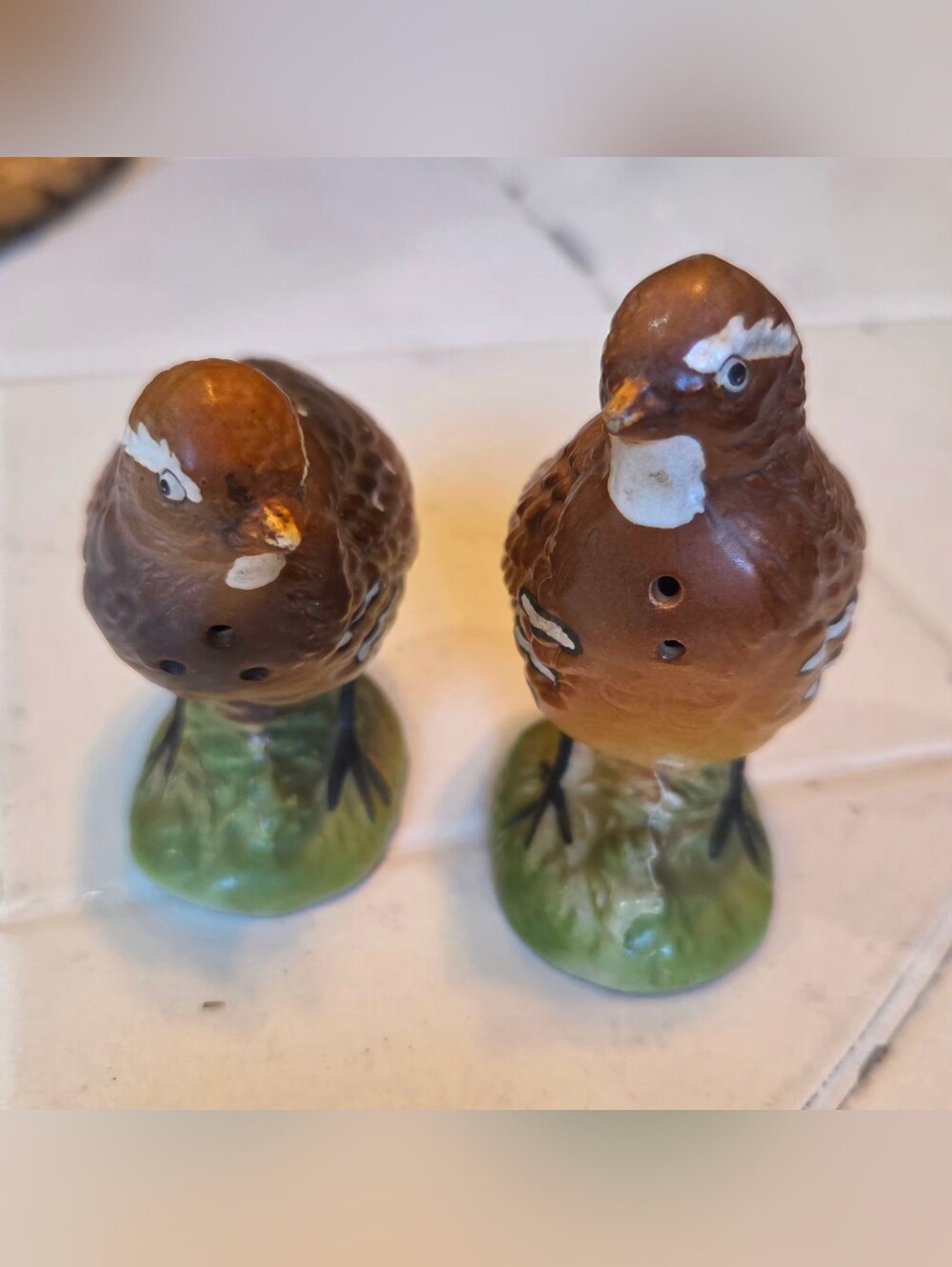 Pair of 2 Vintage MCM Bob White Japan Porcelain Salt & Pepper Birds Handpainted